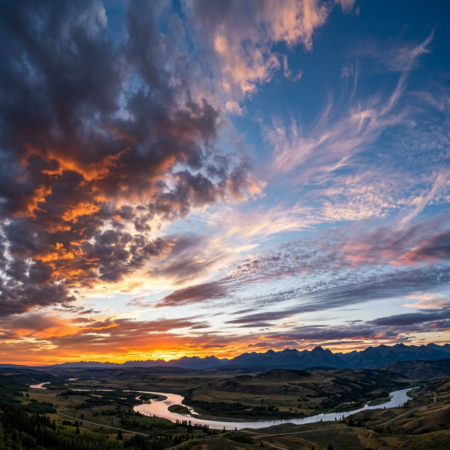 Sunset over a winding river with colorful clouds and mountains in the distance