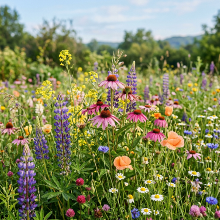 A meadow with purple lupines, pink coneflowers, orange poppies, yellow wildflowers, and white daisies