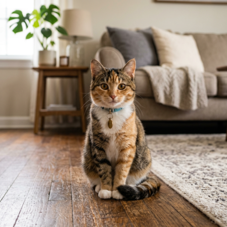 Tabby cat with collar sitting alert on wooden floor next to rug in living room