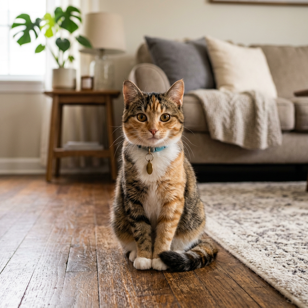 Tabby cat with collar sitting alert on wooden floor next to rug in living room